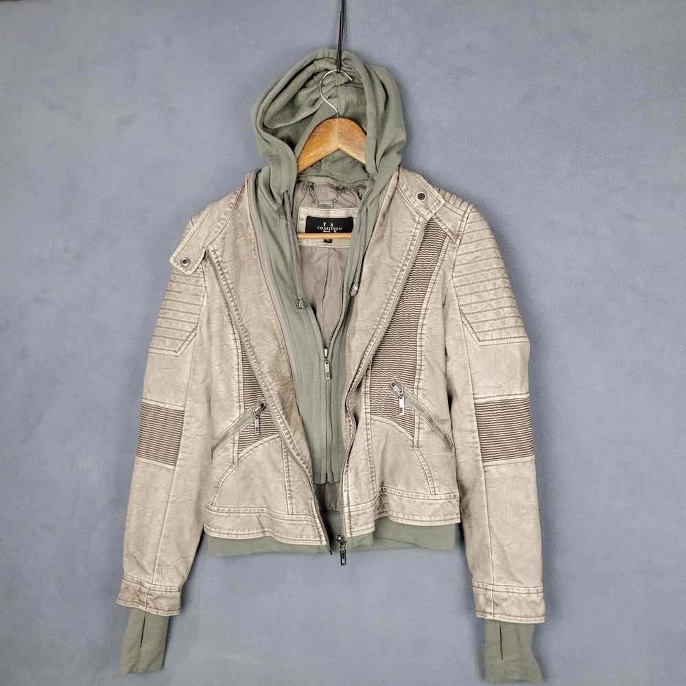 Coalition Biker Jacket Womens XS Khaki Lined‎ Sweater Hooded Textured Full Zip